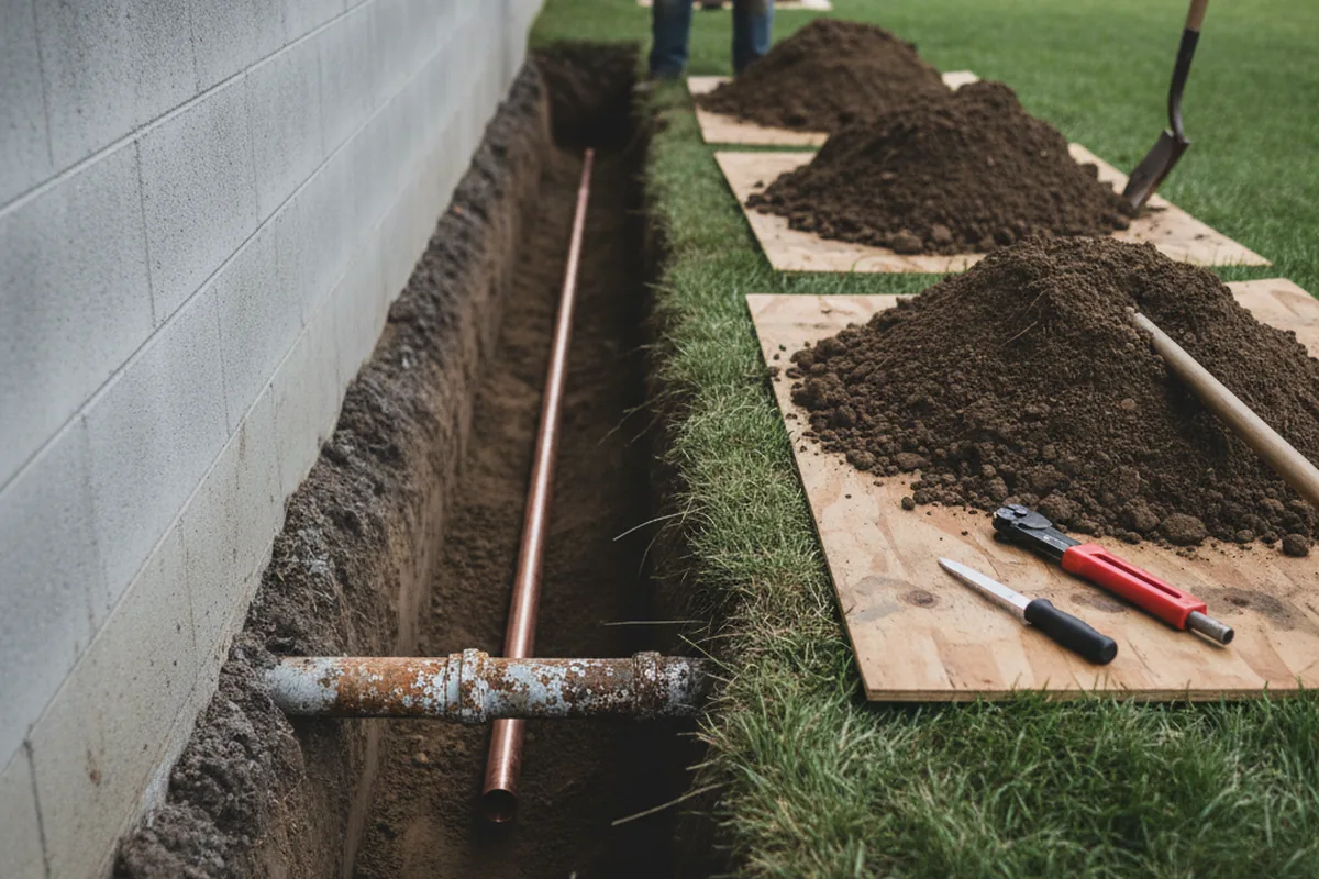Excavated water line trench during Water Heater Repair in Daleville